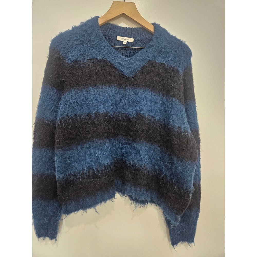 Madewell Womens Blue Black Striped Fuzzy Alpaca Wool Blend V-Neck Sweater Size M